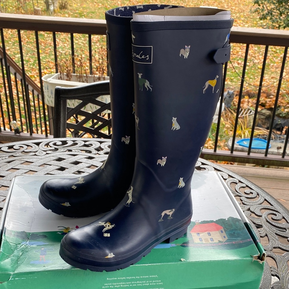 Joules Welly Navy Dog Print Rain Boots Size 11 - Picture 2 of 8